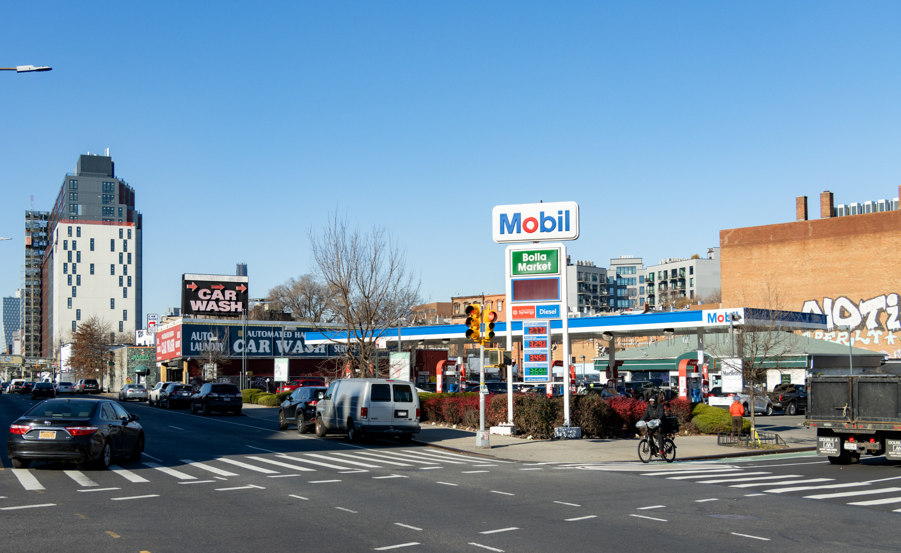 mobil gas station on the corner of atlantic avenue and bedford