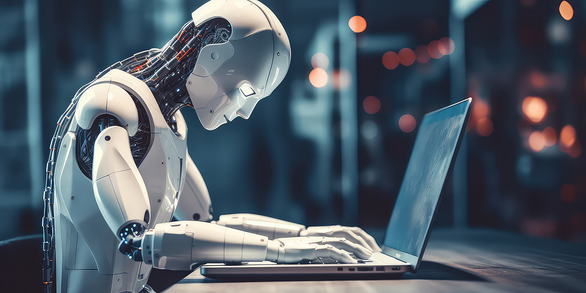 Humanoid robot programming on a laptop. Artificial intelligence replaces human employees concept.