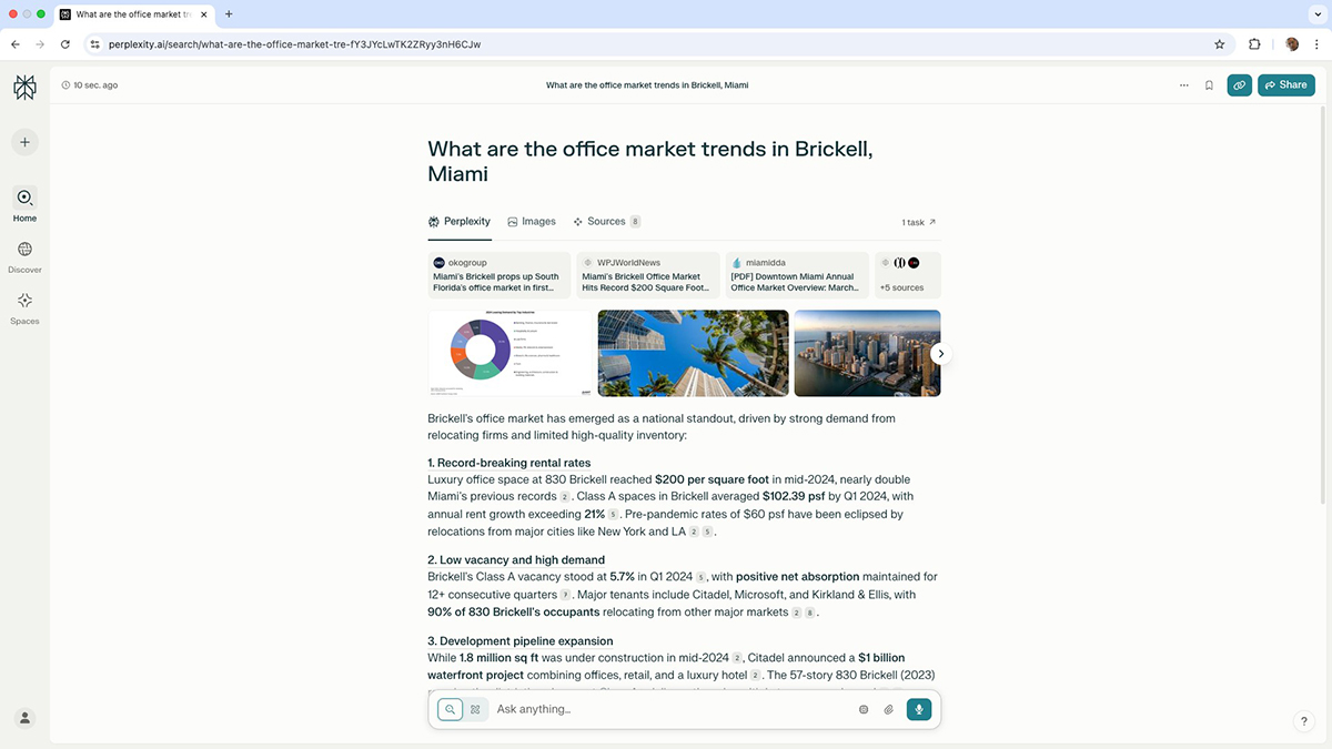 Released one week after ChatGPT, Perplexity has become the generative AI tool of choice for many commercial brokers, who value its accuracy and real-time information fetching. Image courtesy of Greg Isaacson