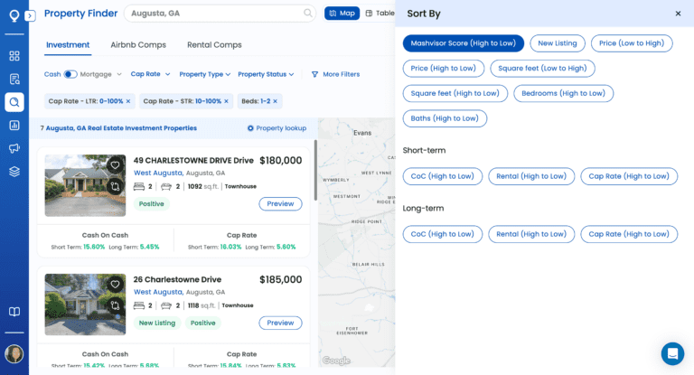 A screenshot of Mashvisor's Map Property Finder displaying the sort by feature