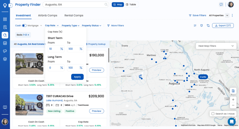 A screenshot of Mashvisor's Map Property Finder displaying the STR cap rate filter