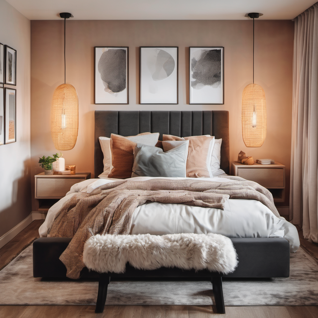 Cozy bedroom with made bed in the center and clean bed side tables on either side. Hanging sconces have are on with warm light, creating a stress-free space.